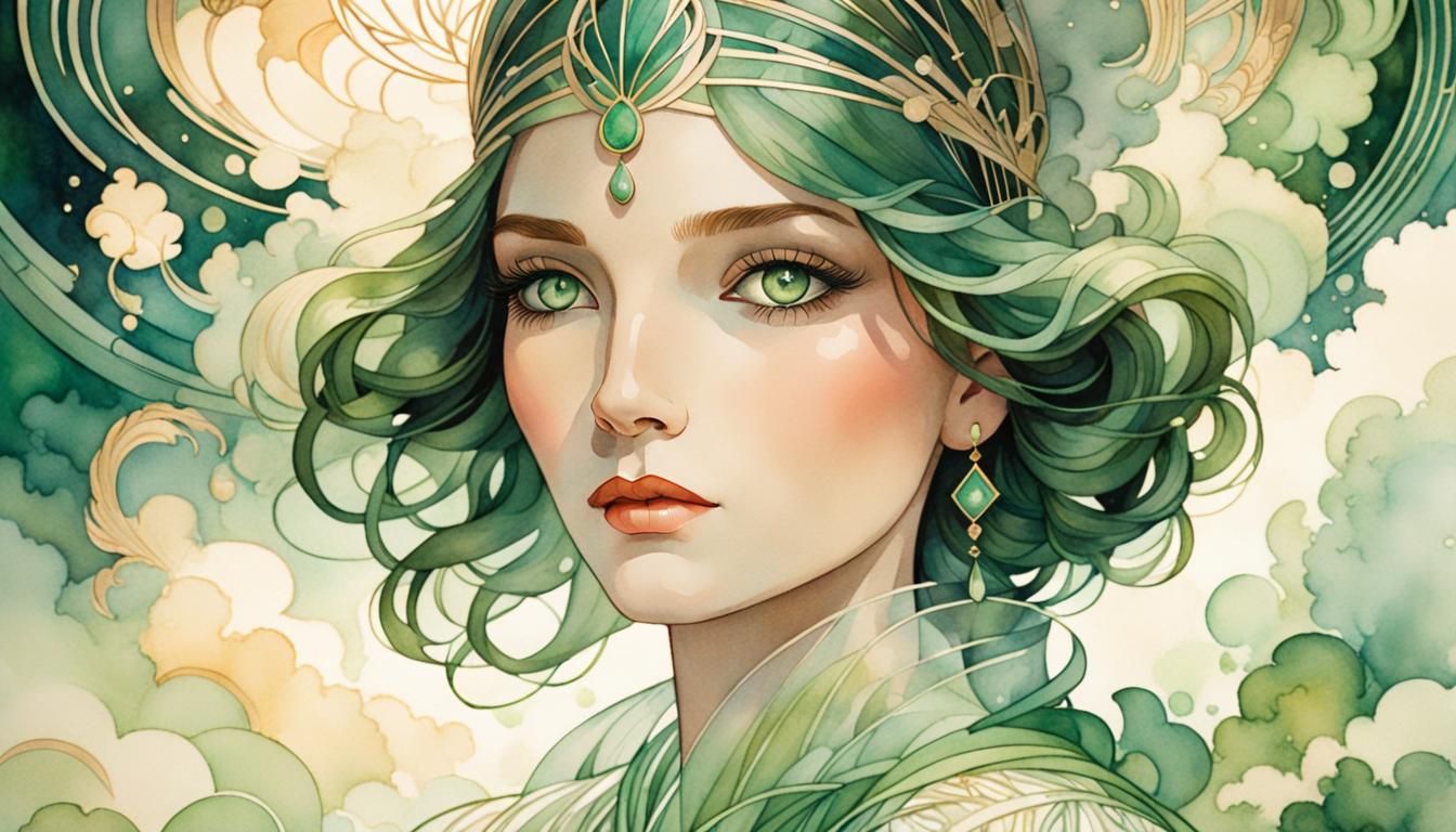 Elegant Art Deco Portrait of Woman with Green Eyes