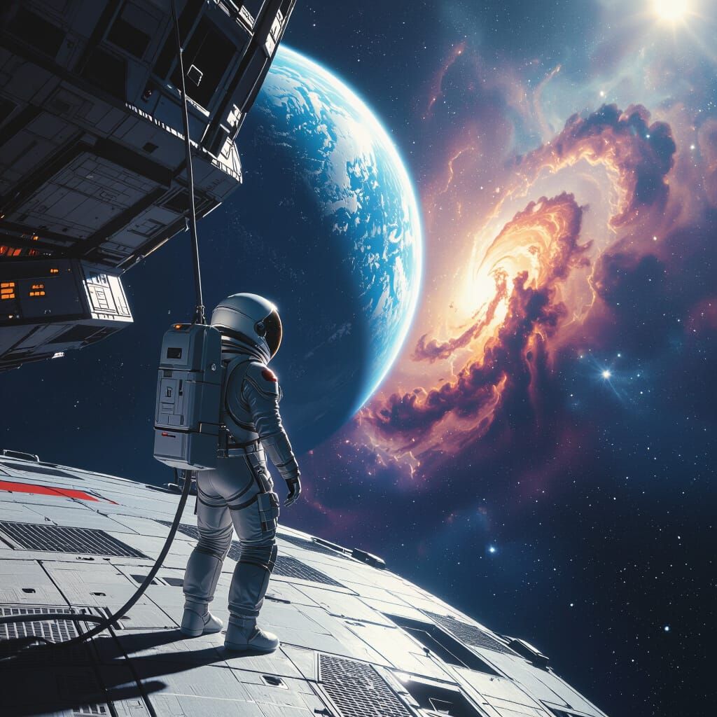 Astronaut Adrift Near Starship with Earth & Nebula