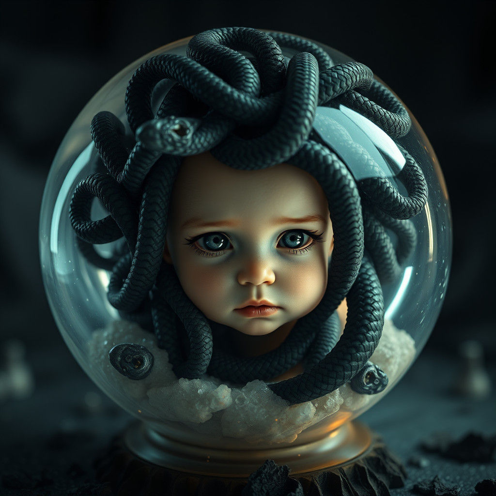 Cherubic Medusa in Crystal Orb, Hyperrealistic