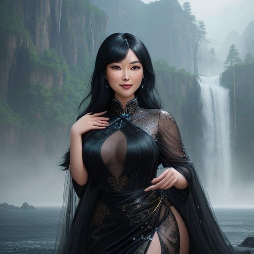 Elegant Starlet Basks in Waterfall's Radiant Glow