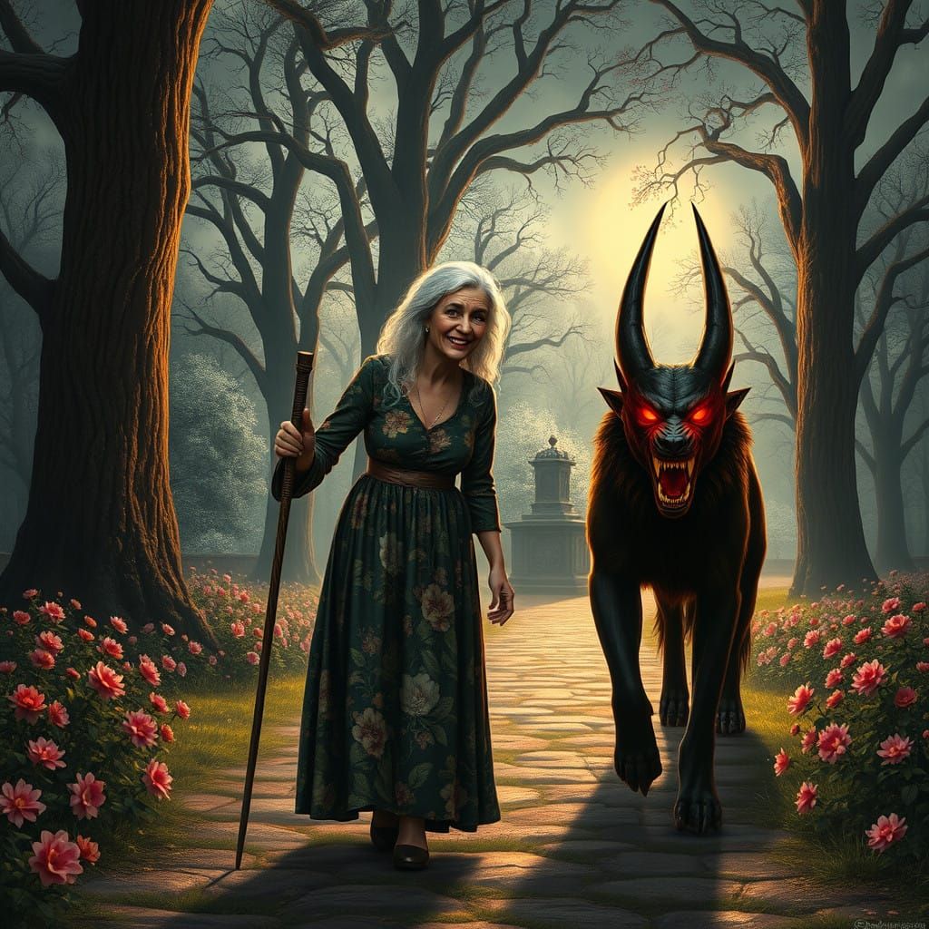 Serene Parc Scene with Fearsome Cerberus in Dark Gothic Styl...