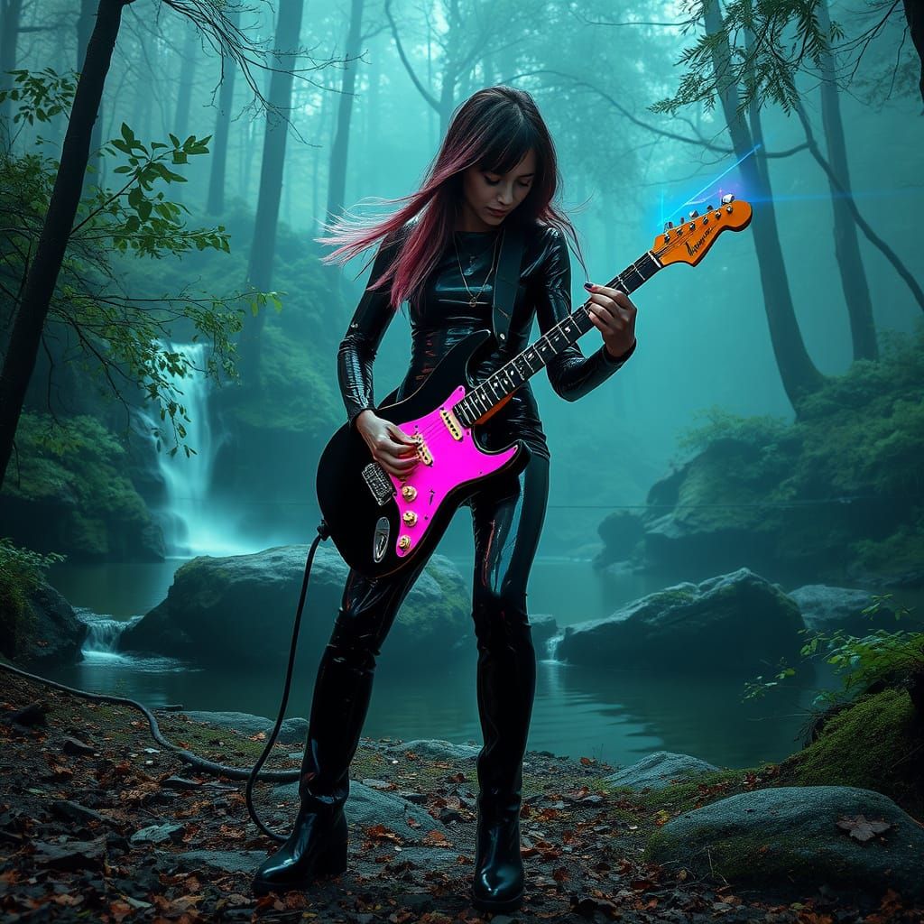 Cyberpunk Guitarist in Misty Forest with Neon Hues