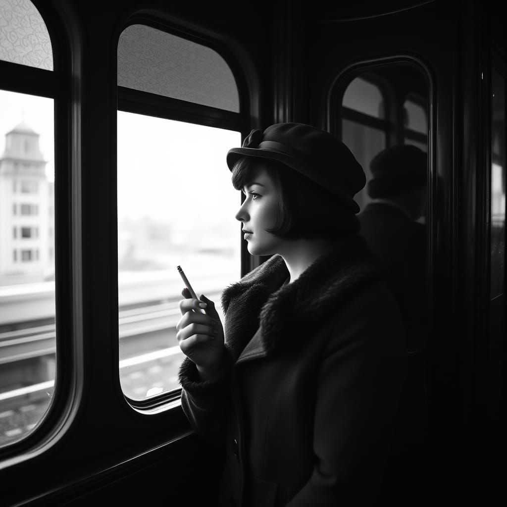 Woman in 1930s Fashion Smokes on Train in Moody, High-Contra...