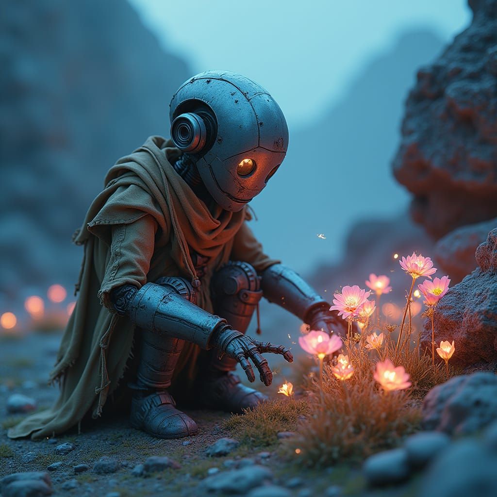 Melancholic Robot Tending Bioluminescent Garden