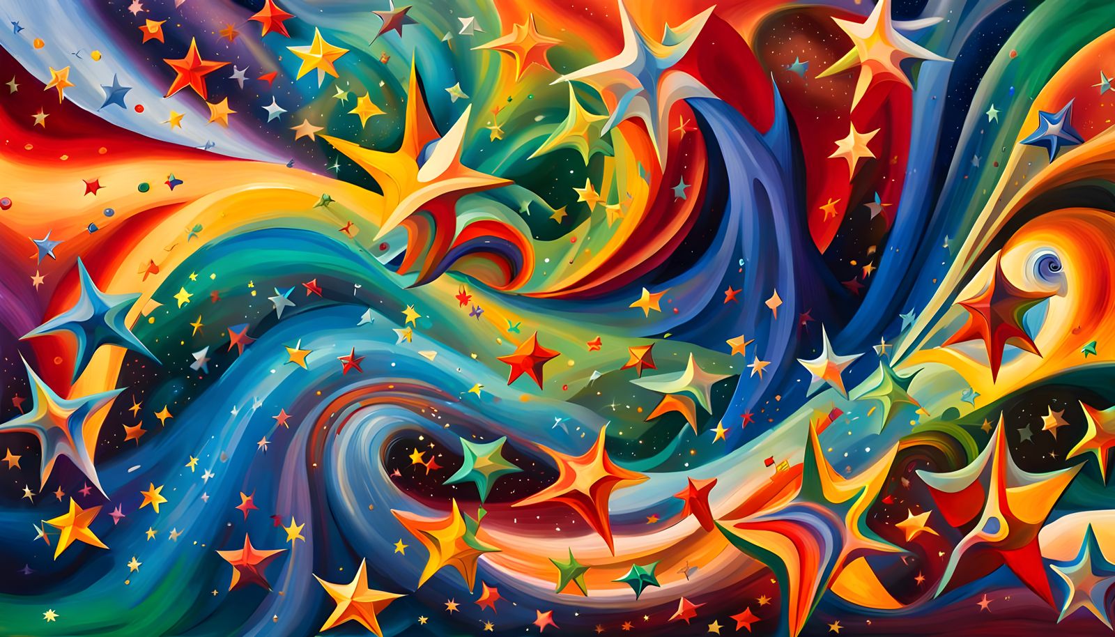 Iridescent Stars in Abstract Expressionist Swirling Tunnel