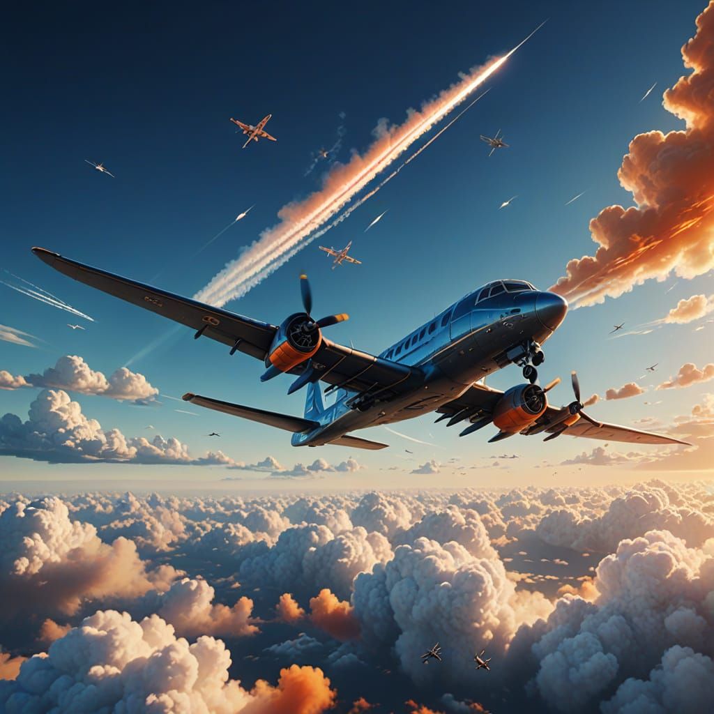 Fantasy Aircraft Soaring Through Clouds in Matte Painting