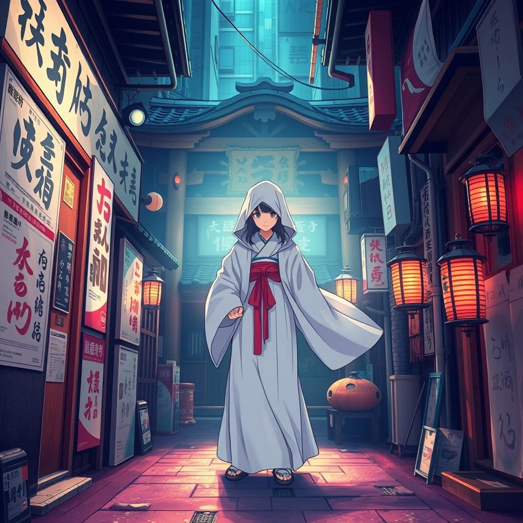Mystical Shrine Maiden in Tokyo Alley, Anime Style