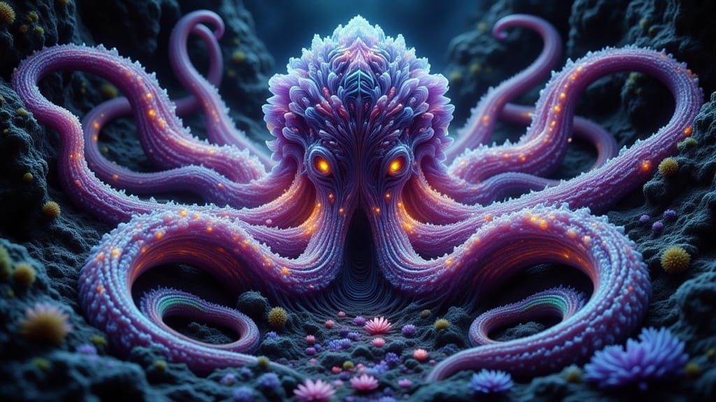Bioluminescent Kraken with Orchid Tentacles