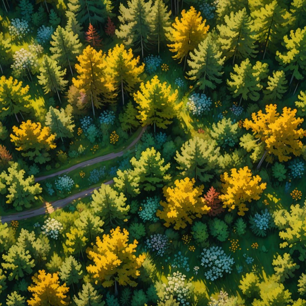 Vibrant Forest Aerial View as Oil Painting