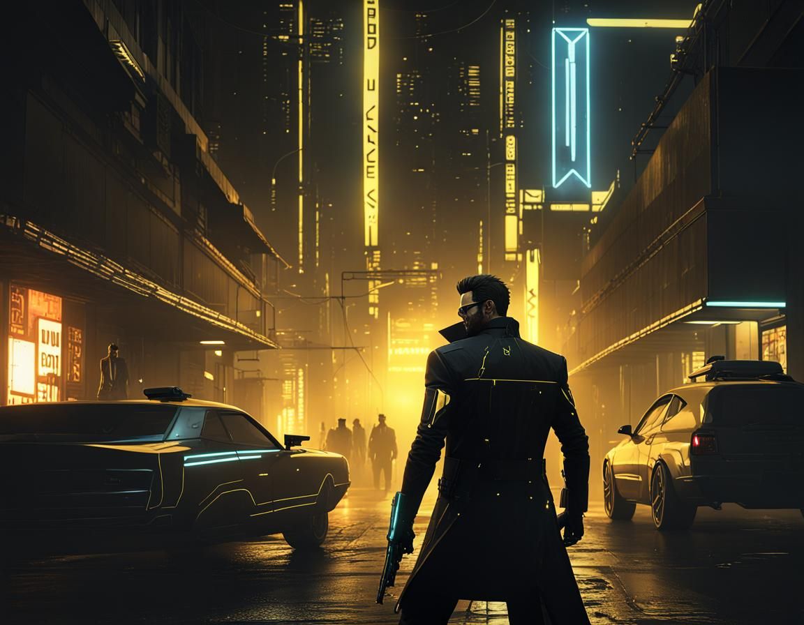 Adam Jensen Investigates Crime Scene in Cyberpunk City