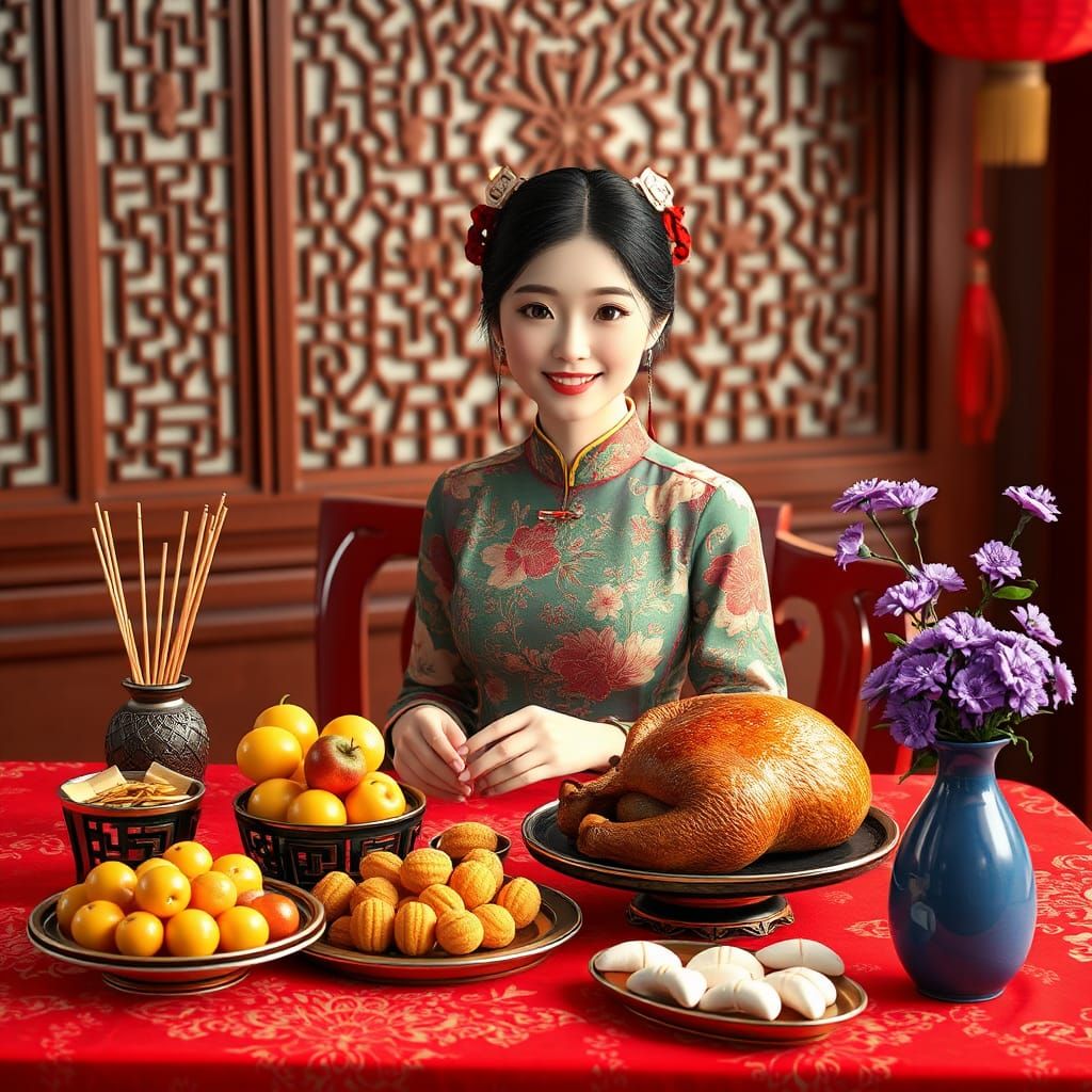 Smiling Chinese Girl in Cheongsam: 3D Anime Art