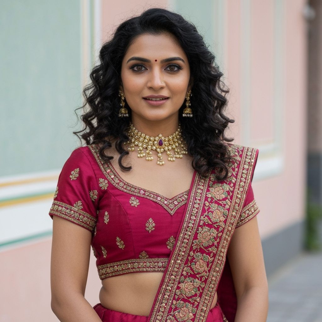 Elegant Indian Woman in Jewel-Toned Silk Lehenga