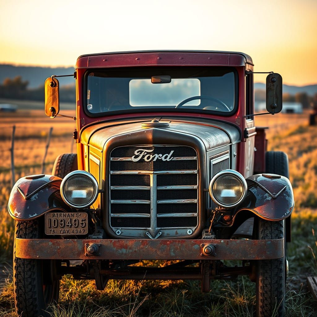 Vintage Model-T Ford Truck in Golden Hour Rural Landscape