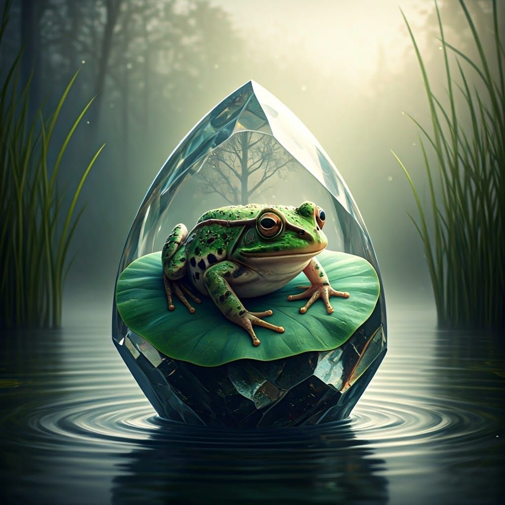 Frog in Crystal Lotus, Dreamlike Digital Art