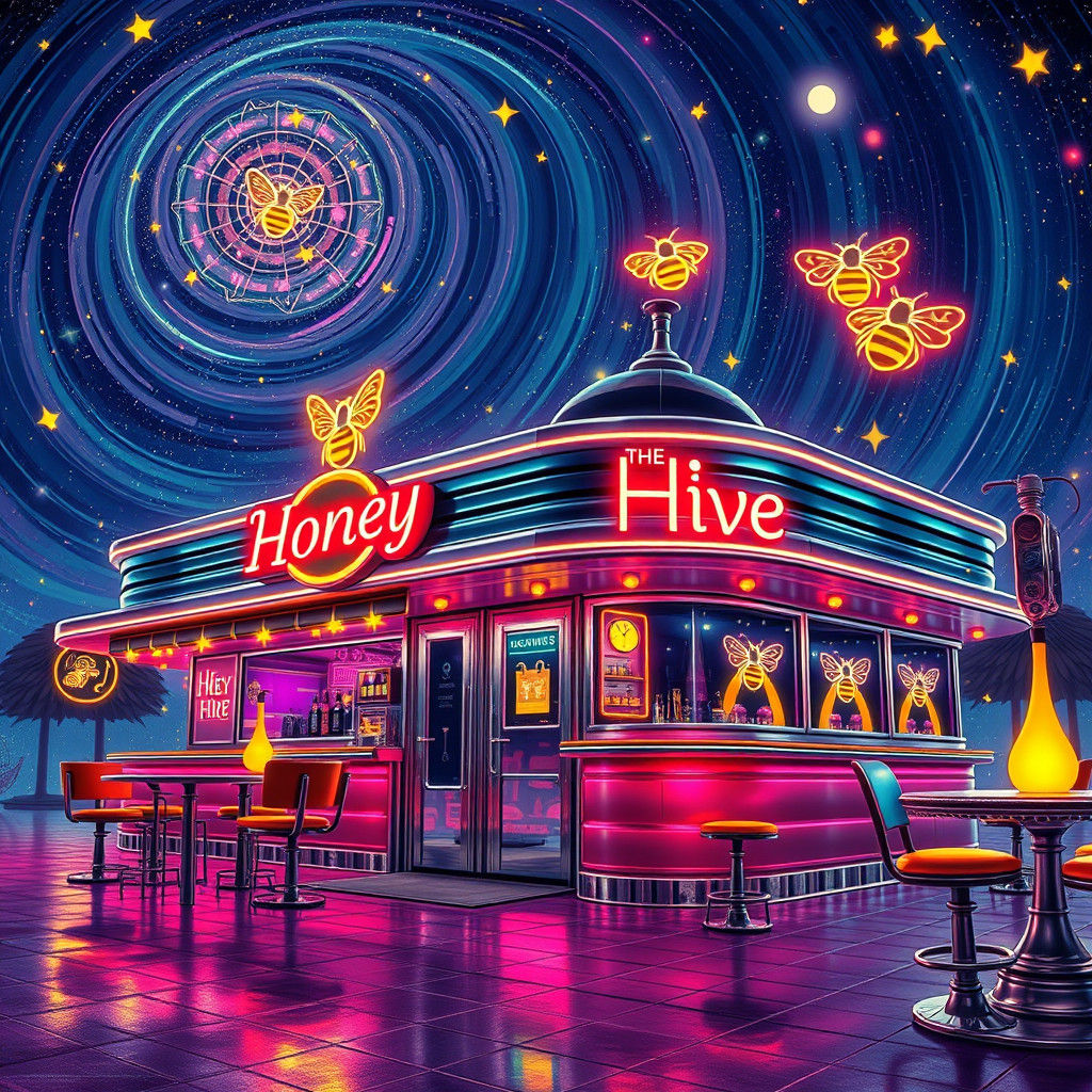 Retro-Futuristic Honey Bee Dive Bar in Cosmic Illustration