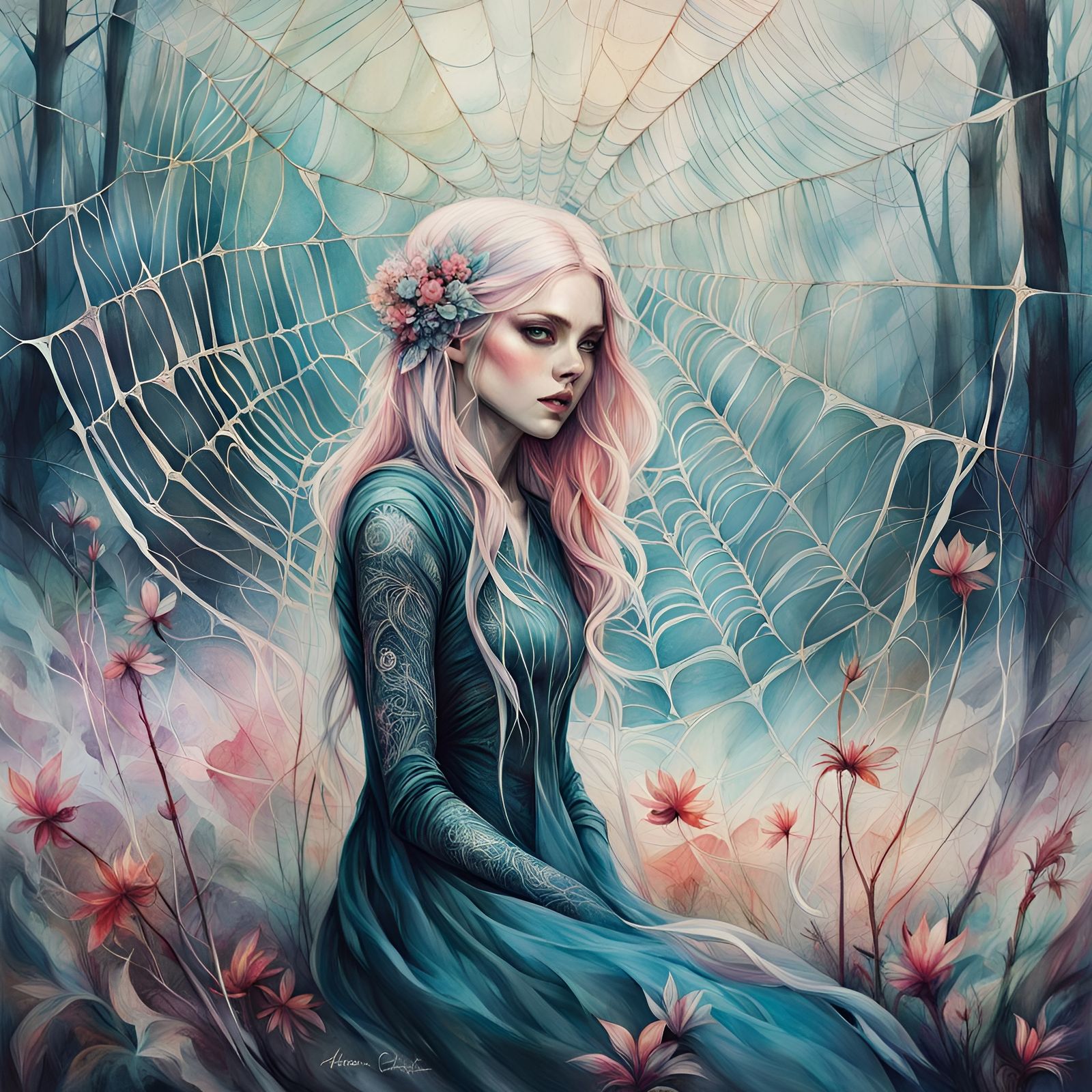 Intricate Spiderweb in Art Brut Style