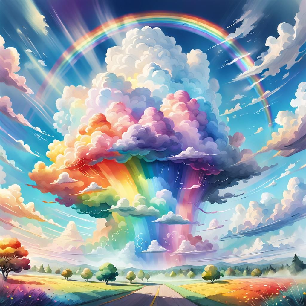 Rainbow Cloud Hopping in Watercolor Painting Style