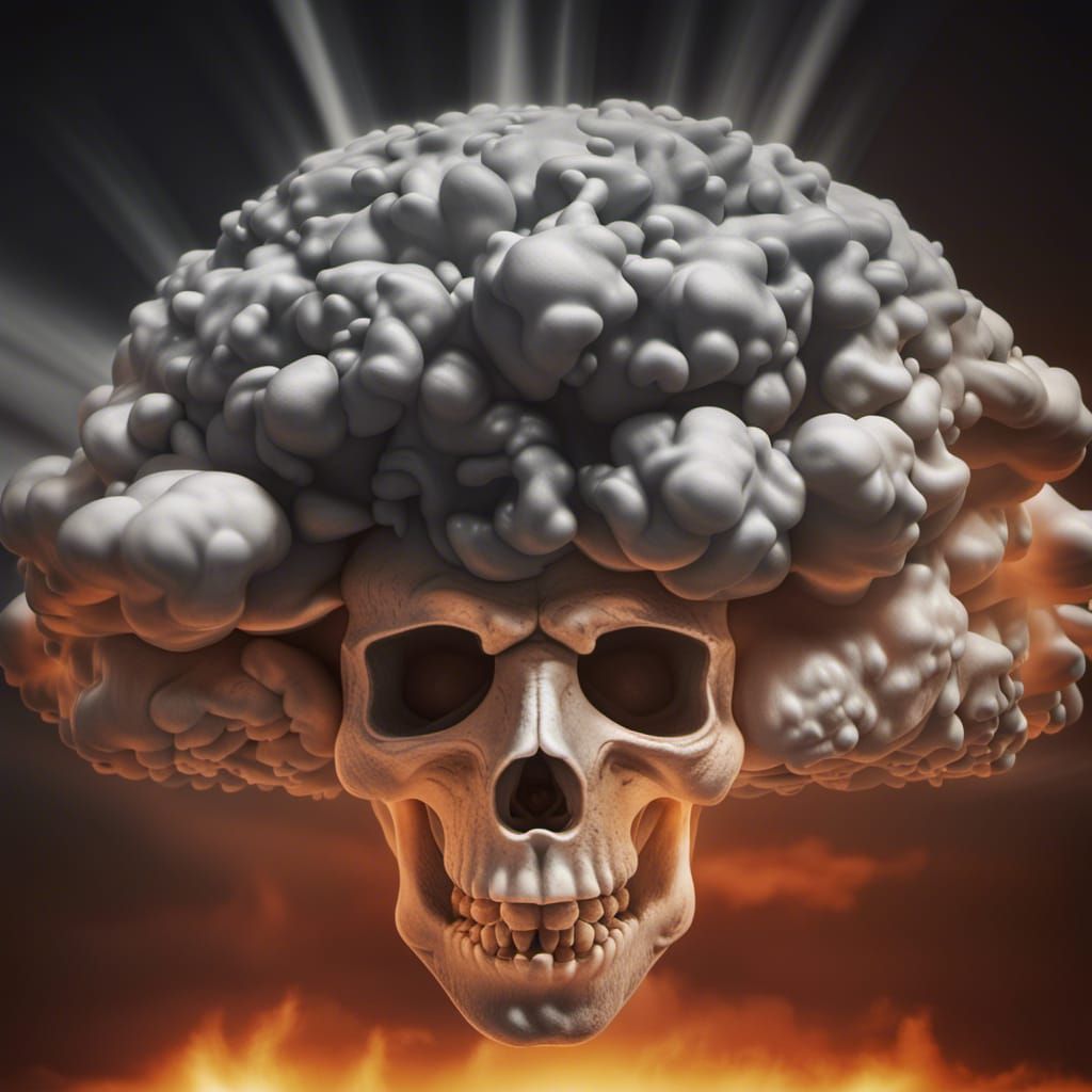 Surreal Skull Face Under Atomic Cloud in Holographic Style