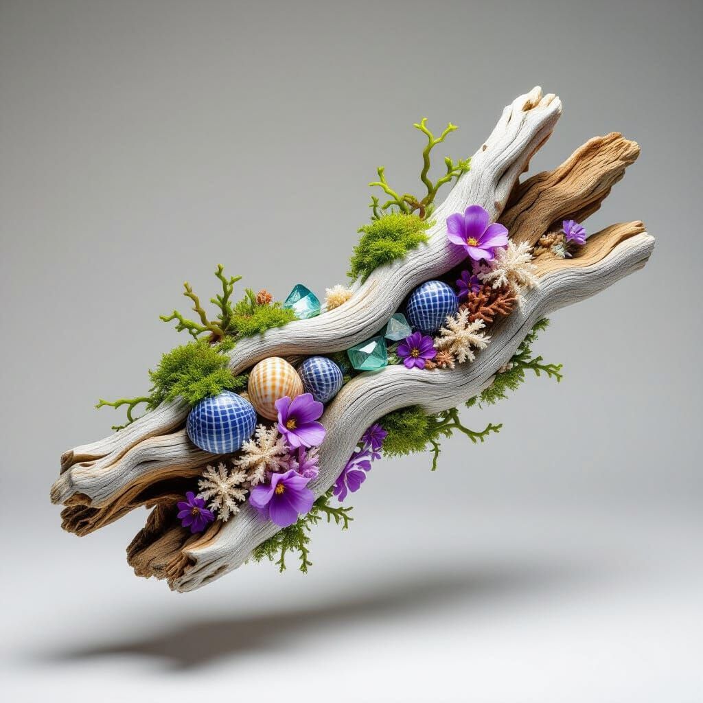 3D Driftwood Fragment with Seaweed and Shells