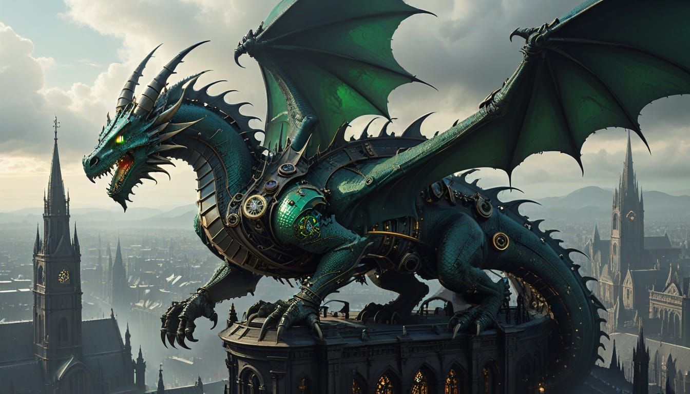 Clockwork Dragon on Gothic Cathedral in Victorian City