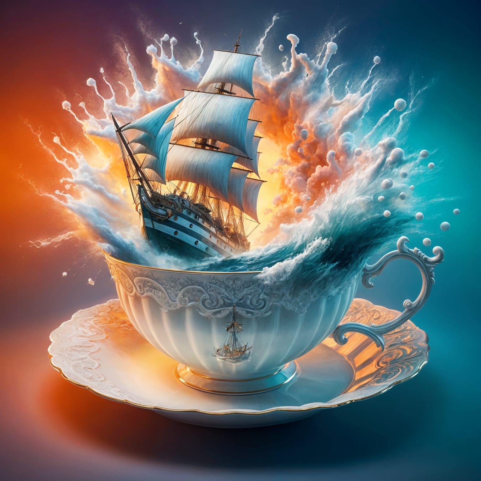 Ship Battles Storm in Teacup: Romantic Oil Painting