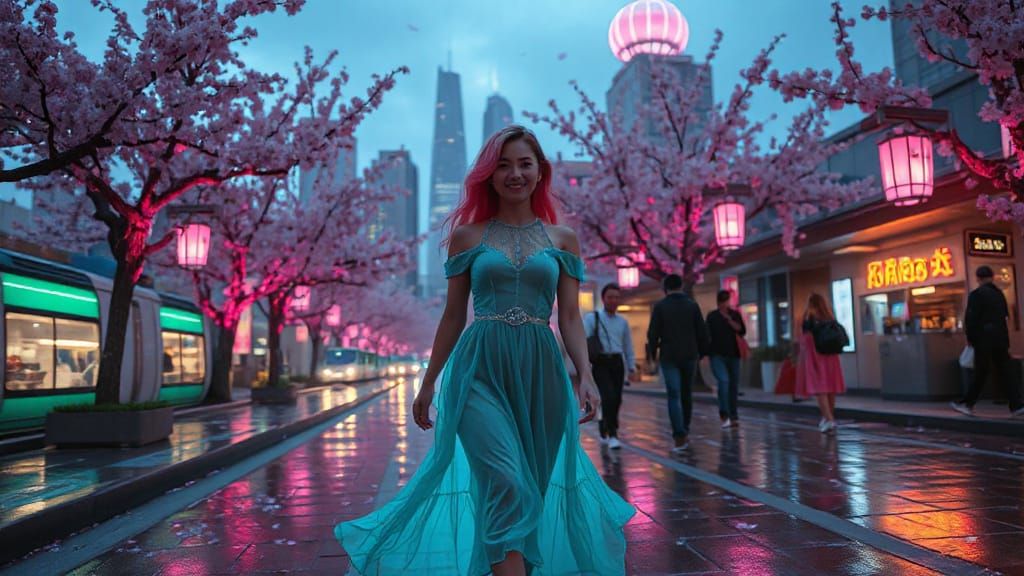 Hyper-Futuristic City with Bioluminescent Cherry Blossoms