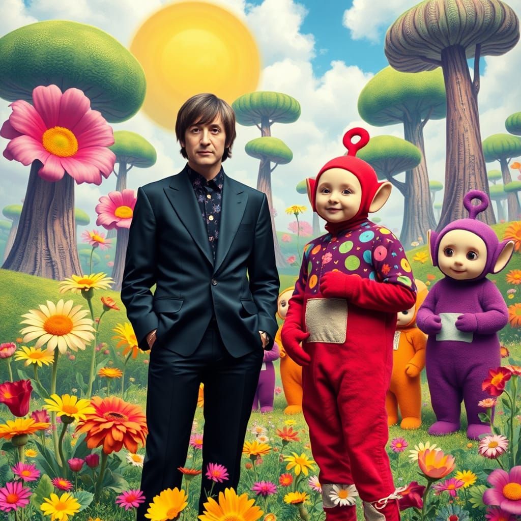 Lennon, Starr, and Teletubbies in Psychedelic Landscape