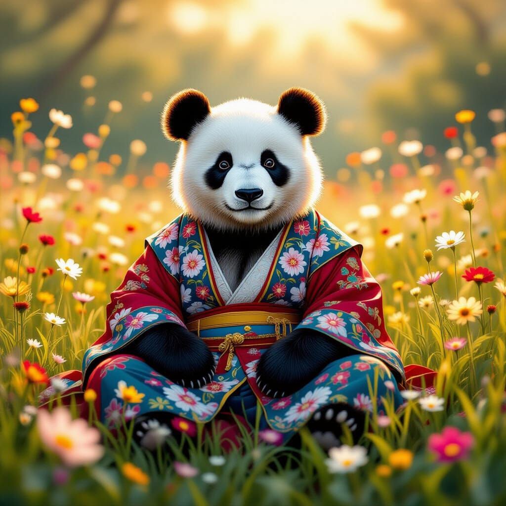 Panda Bear in Floral Robes in Glowing Meadow
