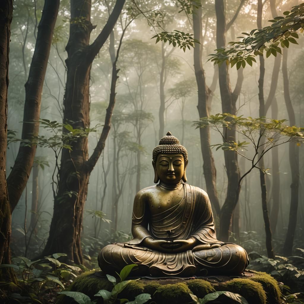 Serene Buddha Statue in Misty Forest