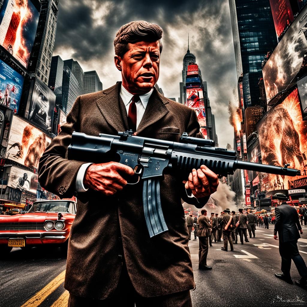 JFK in Times Square with Dinosaurs: Hyperrealistic HDR Image