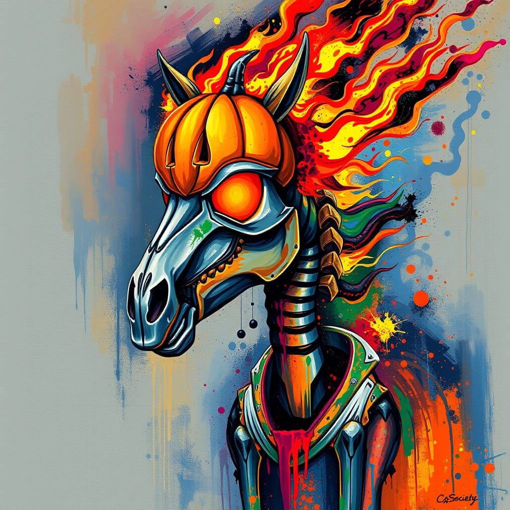 Skeletal Horse with Jack-o'-Lantern Head in Fiery Graffiti A...