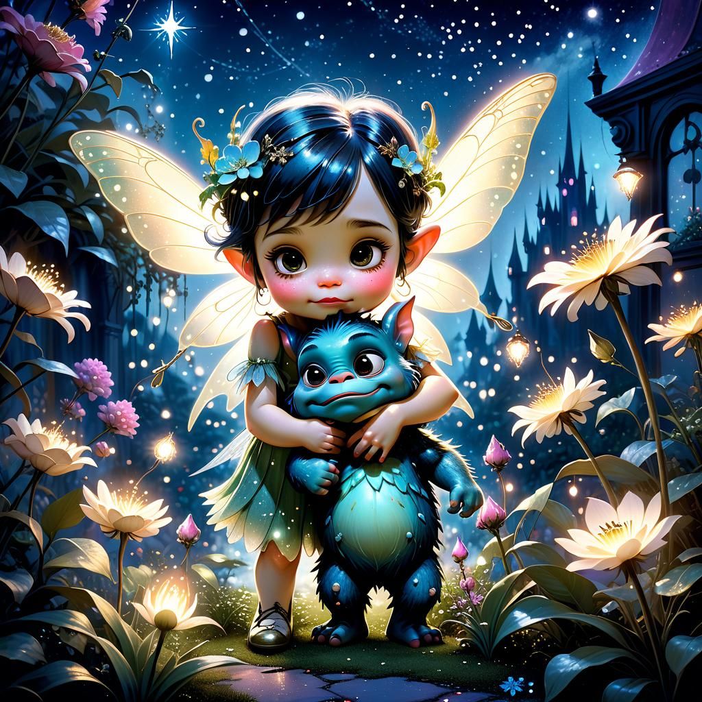 1920s Fairy Hugs Monster in Dreamlike Photo