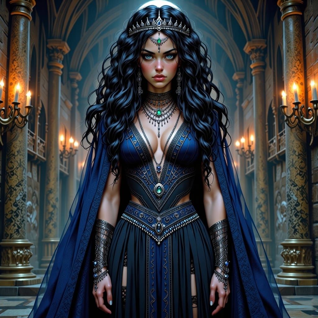 Mysterious Queen in Moonlit Castle Chamber