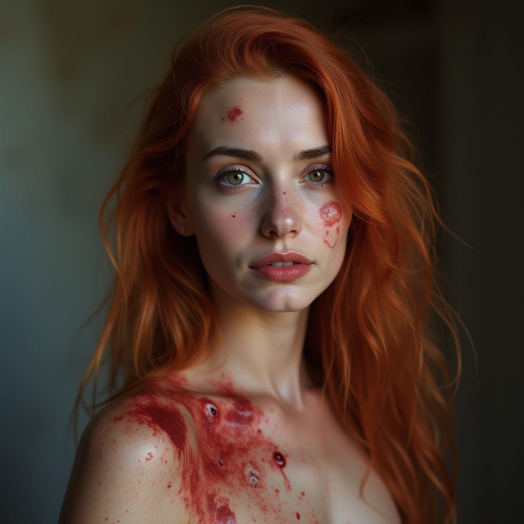 A Normal Woman with Long Red-Blonde Hair Walks Through Dark ...