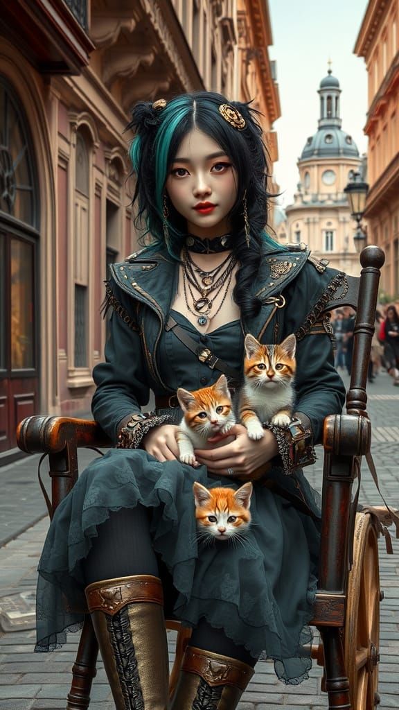 young Japanese woman with half of her hair in a crystal-like green-blue color and the other half raven black, dressed in...