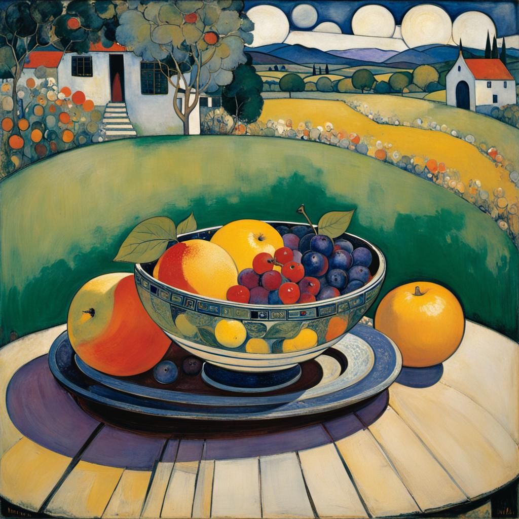 Fruit Bowl in Garden: McNair, Chagall, Mackintosh Style