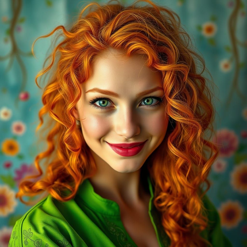 Enchanting Goddess with Emerald Eyes and Wild Orange Hair