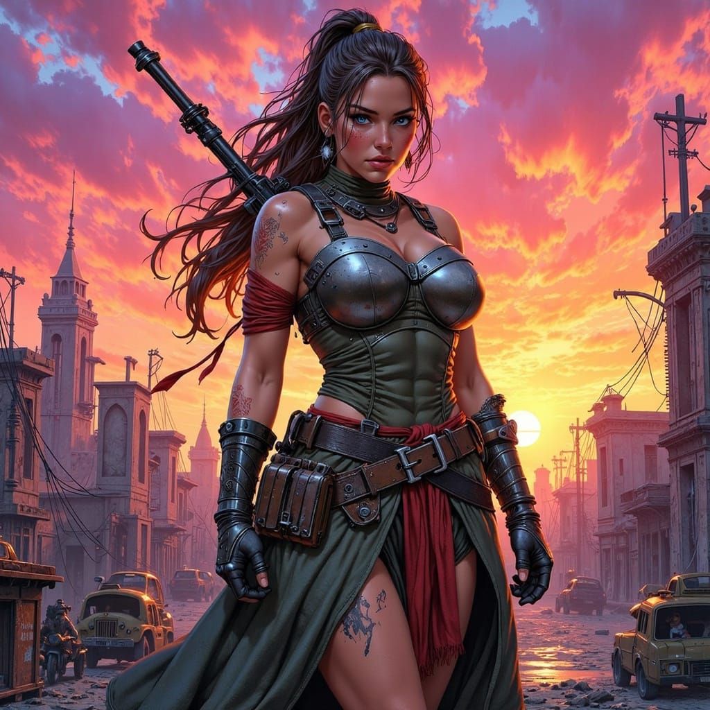 Surreal Post-Apocalyptic Warrior Emerges at Sunset