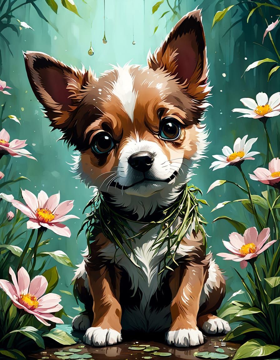 Adorable Techichi Dog in Floral Spring, Digital Art