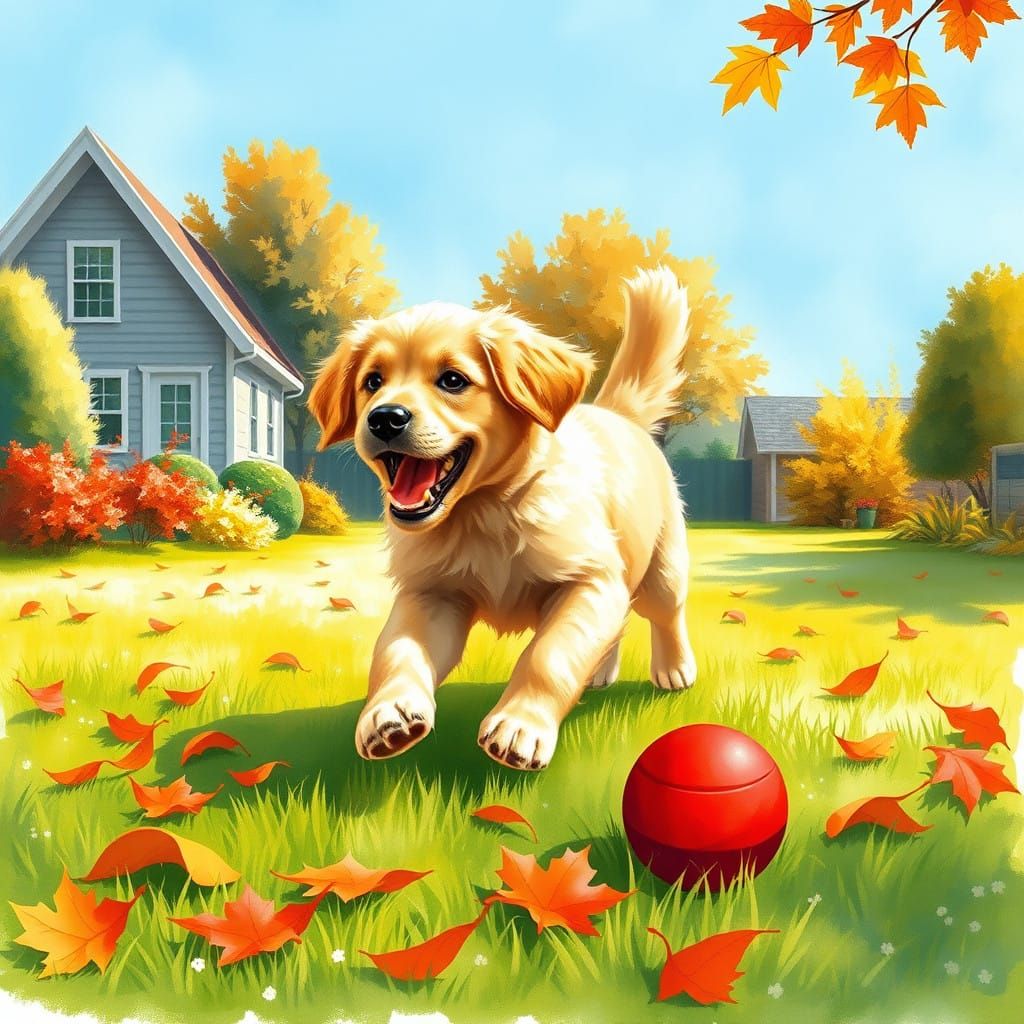 Golden Retriever Puppy Chases Ball in Whimsical Autumn Backy...