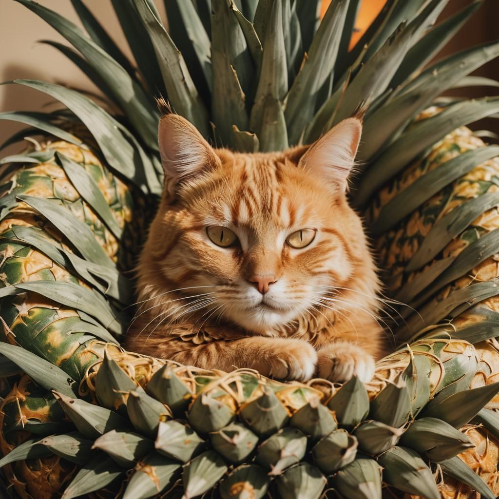 Orange Cat Sleeps in Pineapple Bed: Cinematic Still
