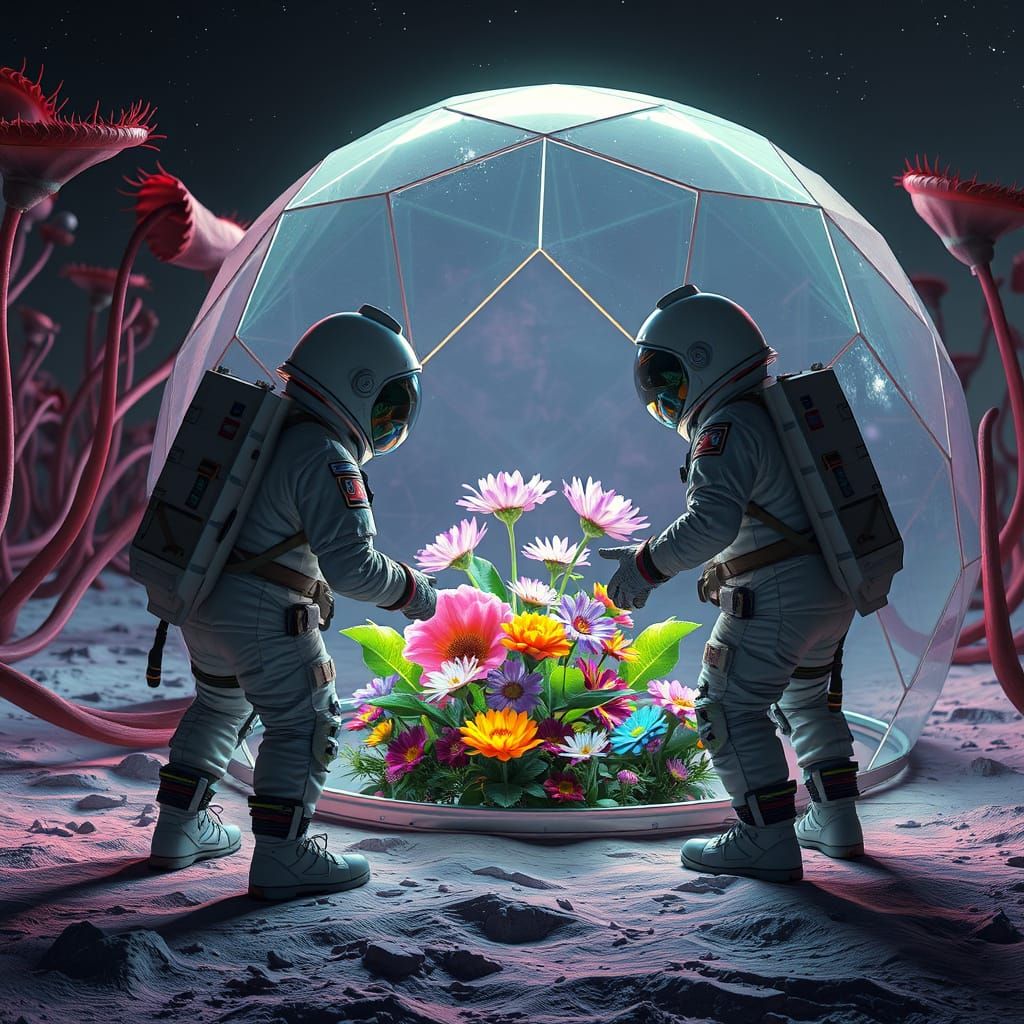 Moon Gardeners in Spacesuits Amidst Carnivorous Plants