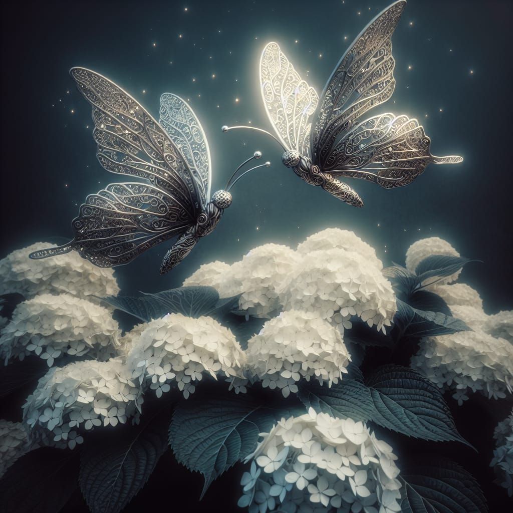 Steel Butterflies Above Hydrangeas