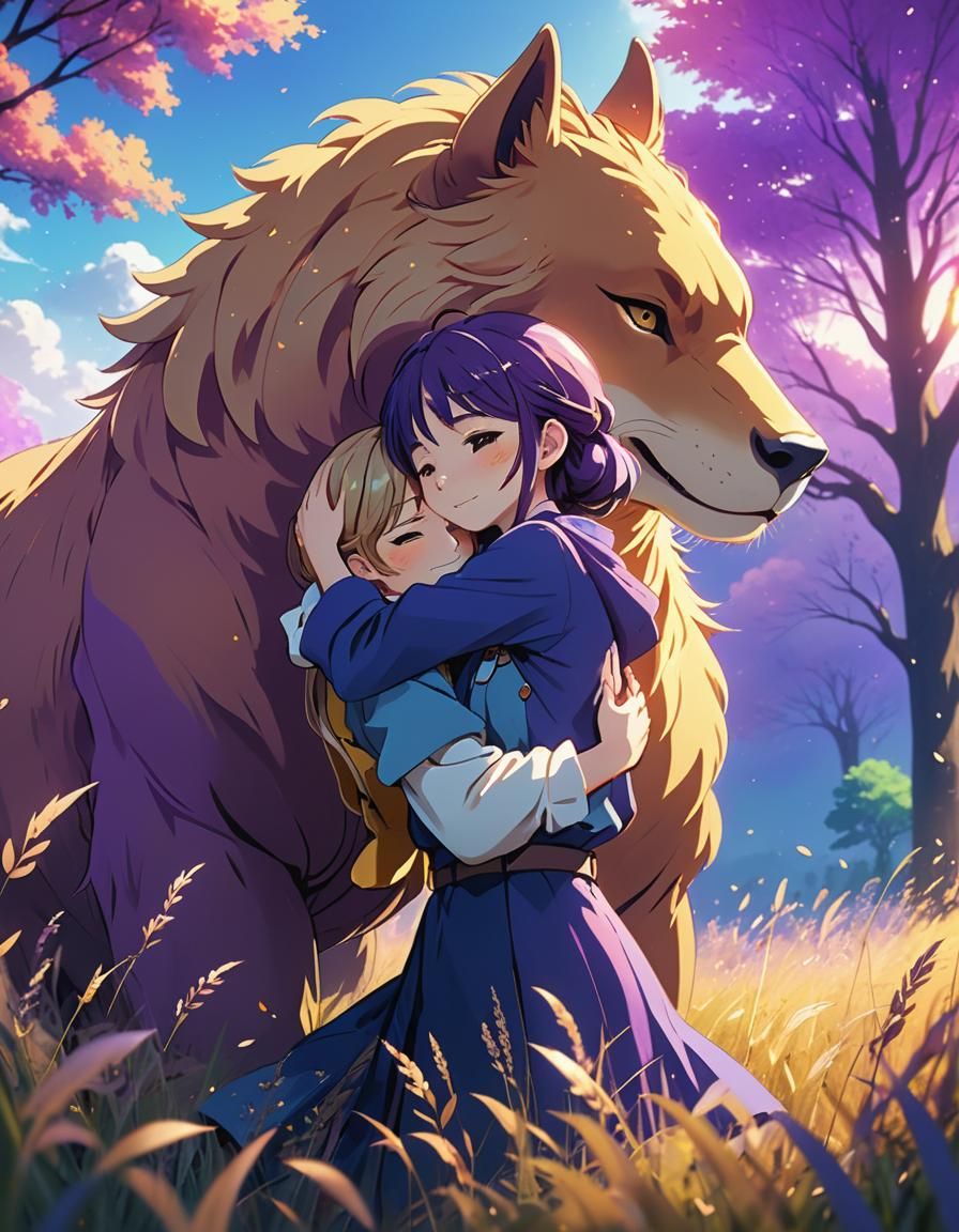 Anime Illustration: Woman Hugging Giant Animal