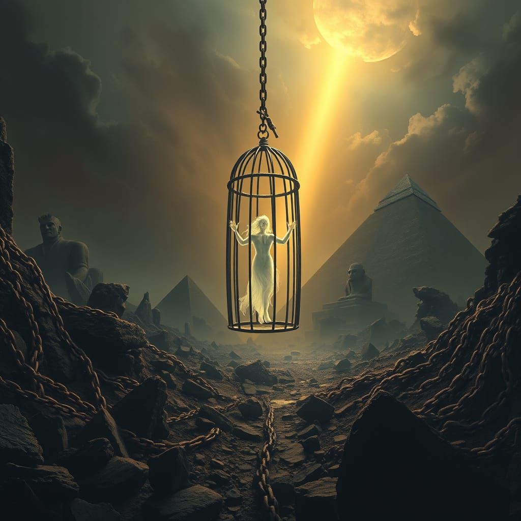 Cosmic Cage: Ethereal Soul Trapped in Metallic Realm