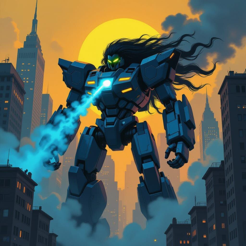 Colossal Robot Exhaling Flames in Futuristic City