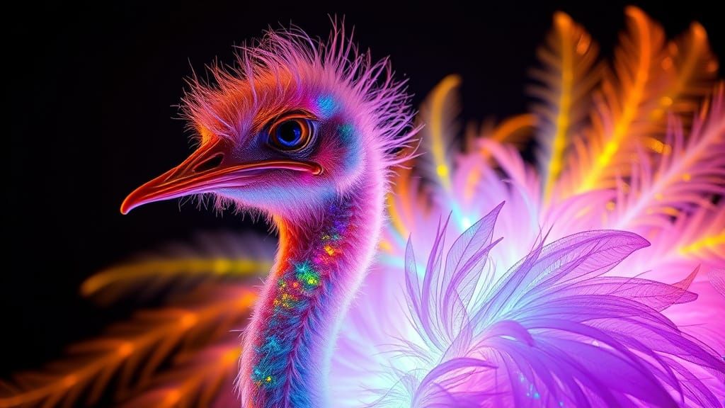 Crystal Ostrich with Bioluminescent Feathers