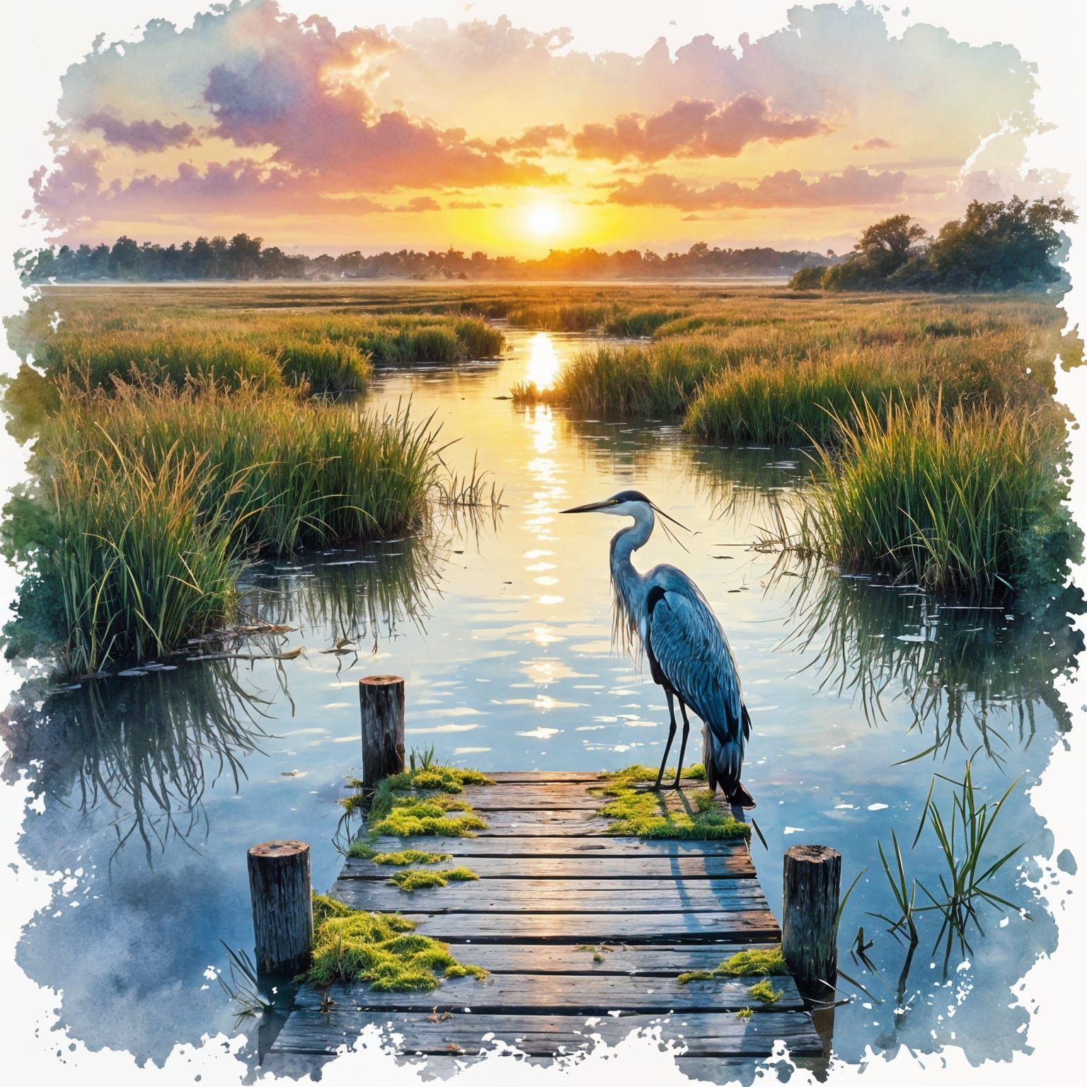 Dreamlike River Delta with Vibrant Heron at Sunset