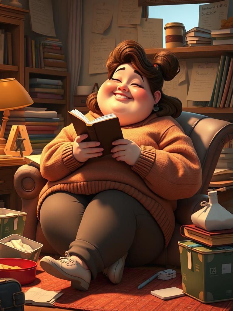 Cozy Woman Lounging in Cluttered Study in Pixar Style