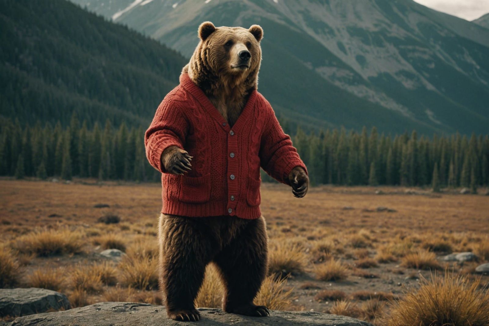 Kodiac Bear in Cardigan: Cinematic Film Still